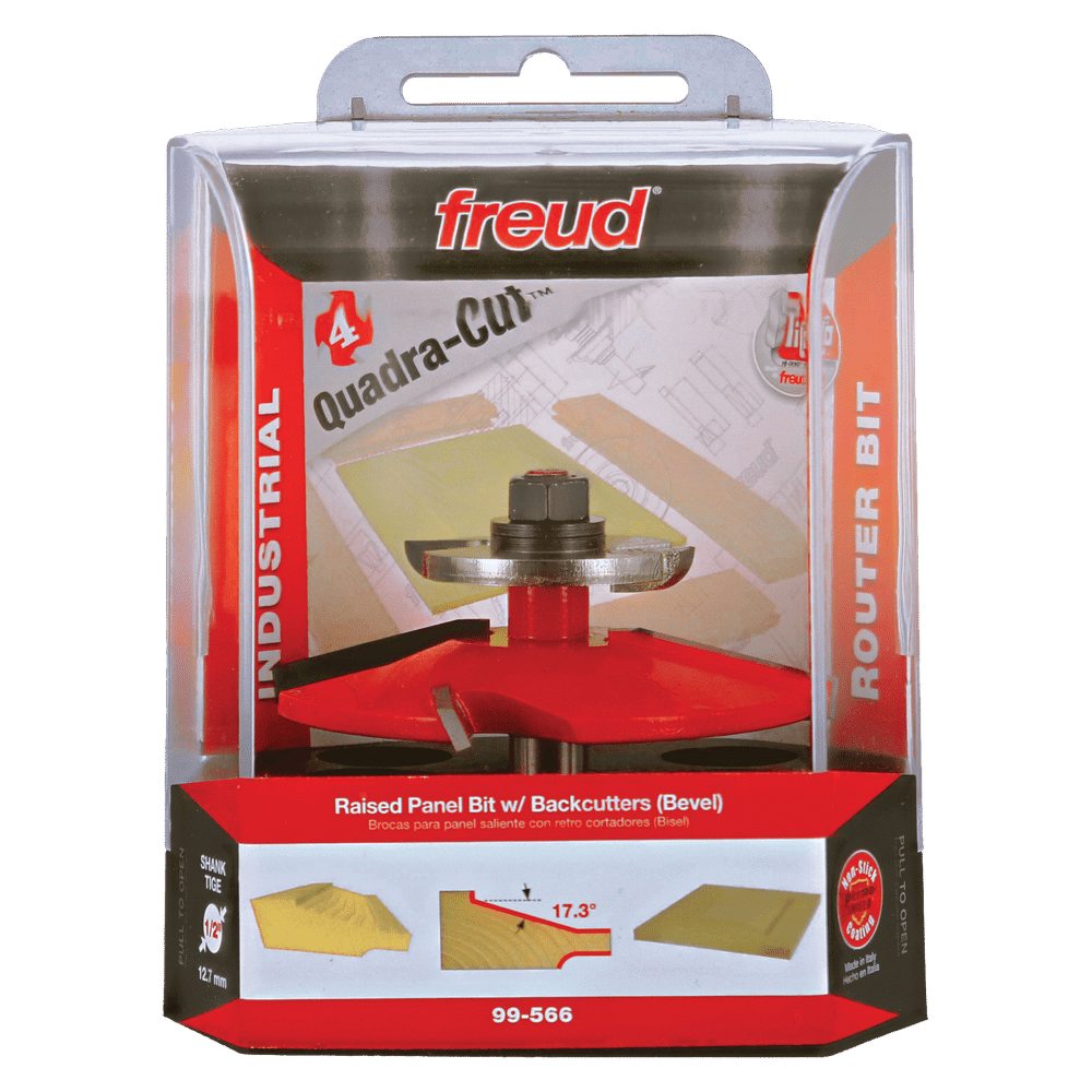 Freud raised panel router bit with red base and metal cutting head displayed in clear plastic clamshell packaging with produc