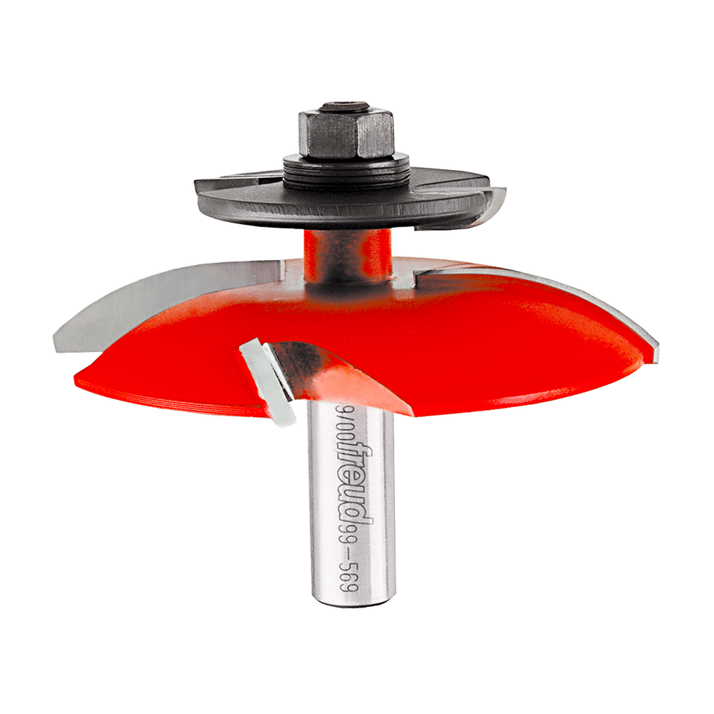 Freud router bit with red cutting edges, metal shank, and hex collar featuring backcutters for raised panel routing.
