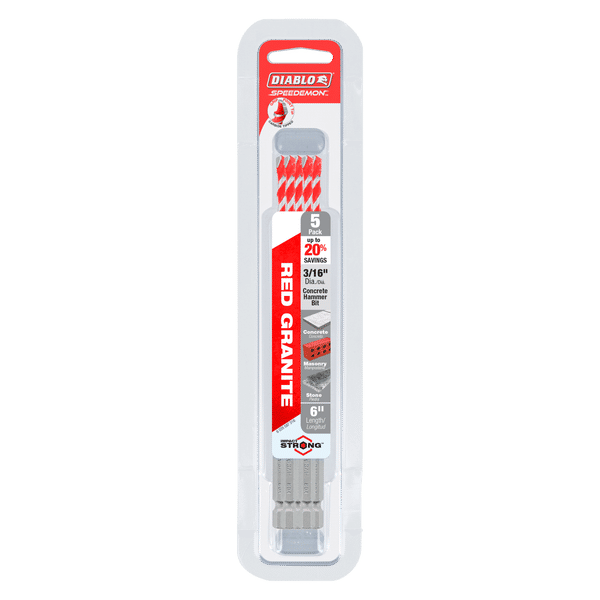 Five red and gray carbide-tipped hammer drill bits in clear plastic packaging labeled Diablo SPEEDemon for red granite.
