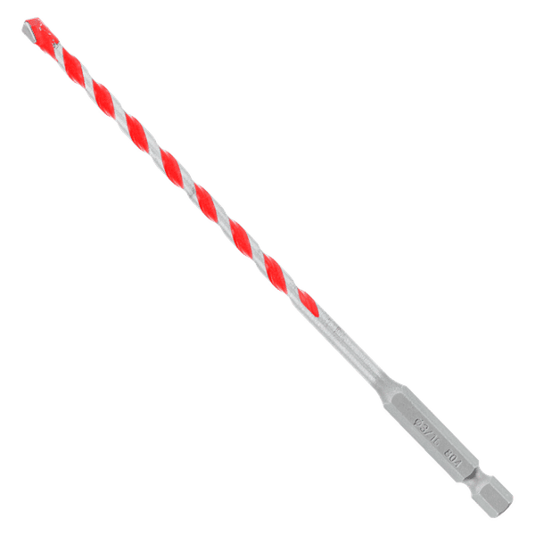 Red and white spiral carbide-tipped hammer drill bit with gray shank and hex drive end.
