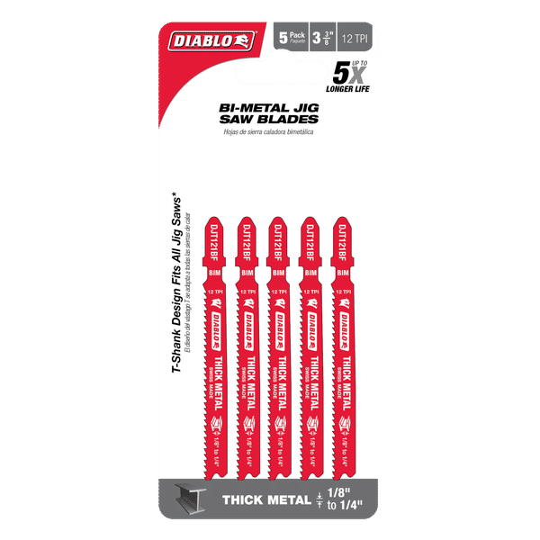 Five red and silver Diablo bi-metal jig saw blades with 12 teeth per inch and T-shank design for thick metal cutting.