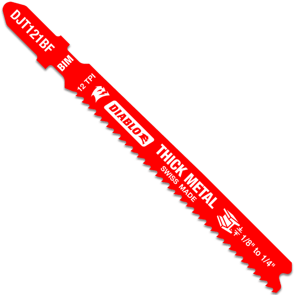 Red bi-metal jig saw blade with 12 teeth per inch, labeled for thick metal cutting.