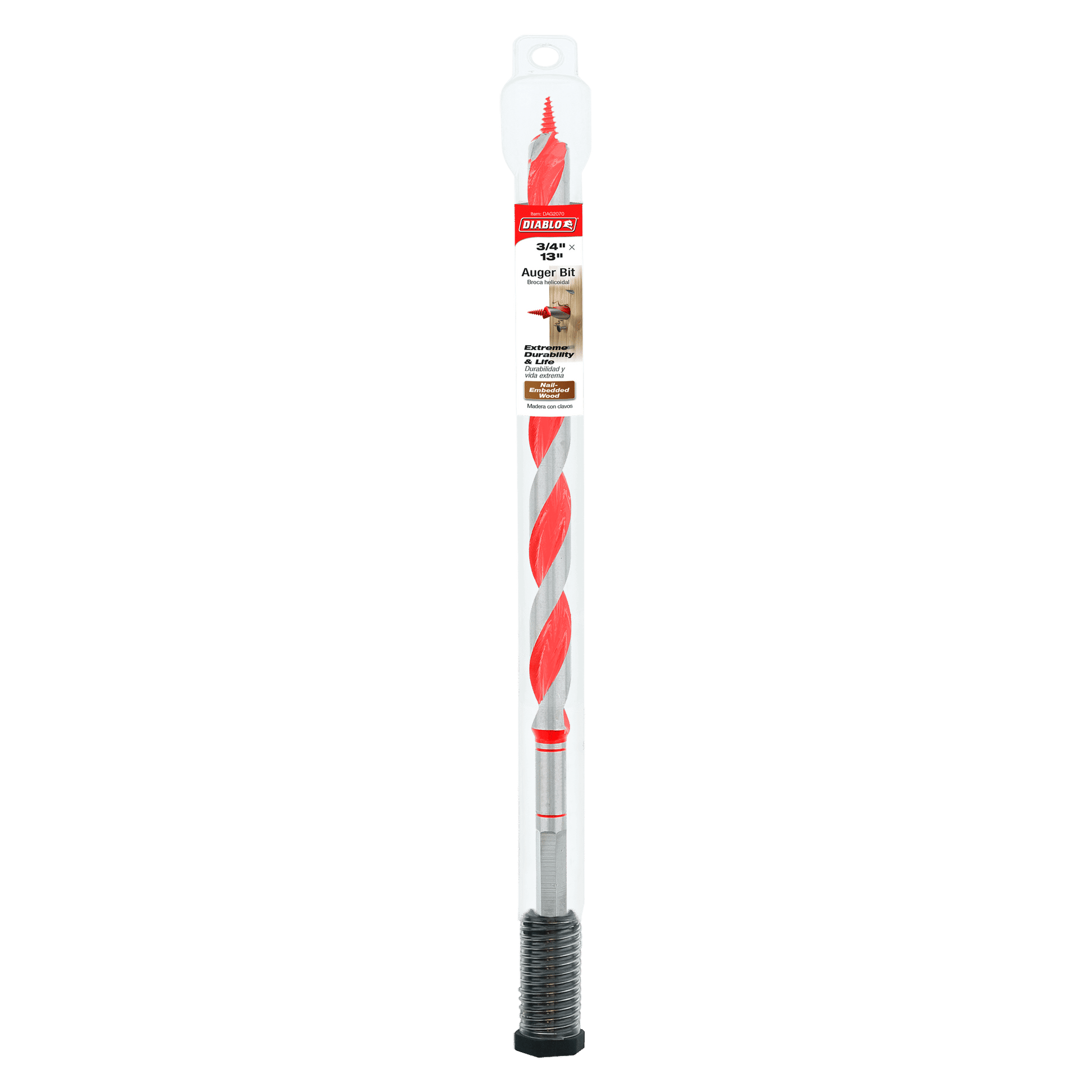 Red and silver 3/4 x 13 inch auger bit with spiral flutes and hexagonal shank in packaging.