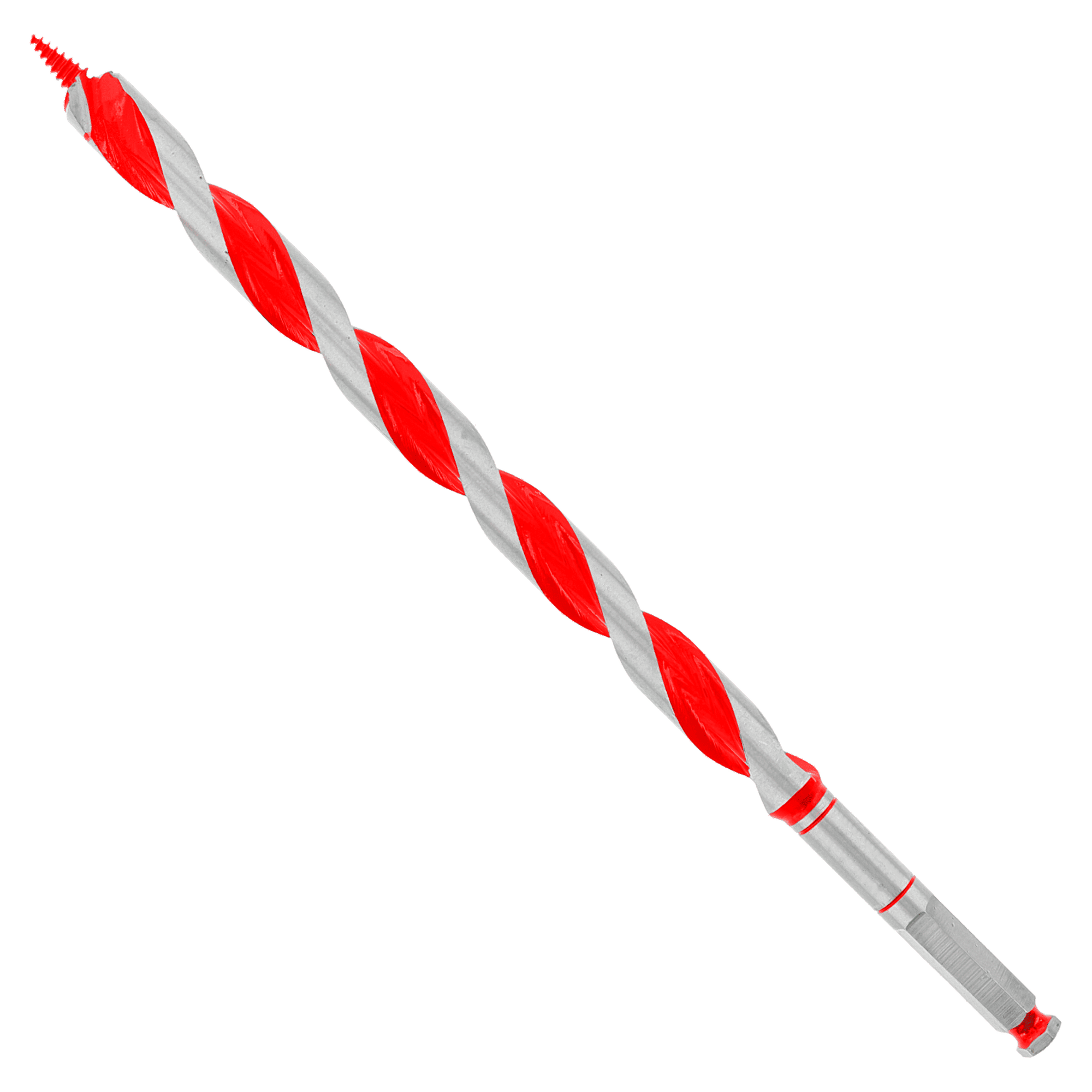 Red and gray spiral auger bit with hex shank and fluted cutting edges, 13 inches long.
