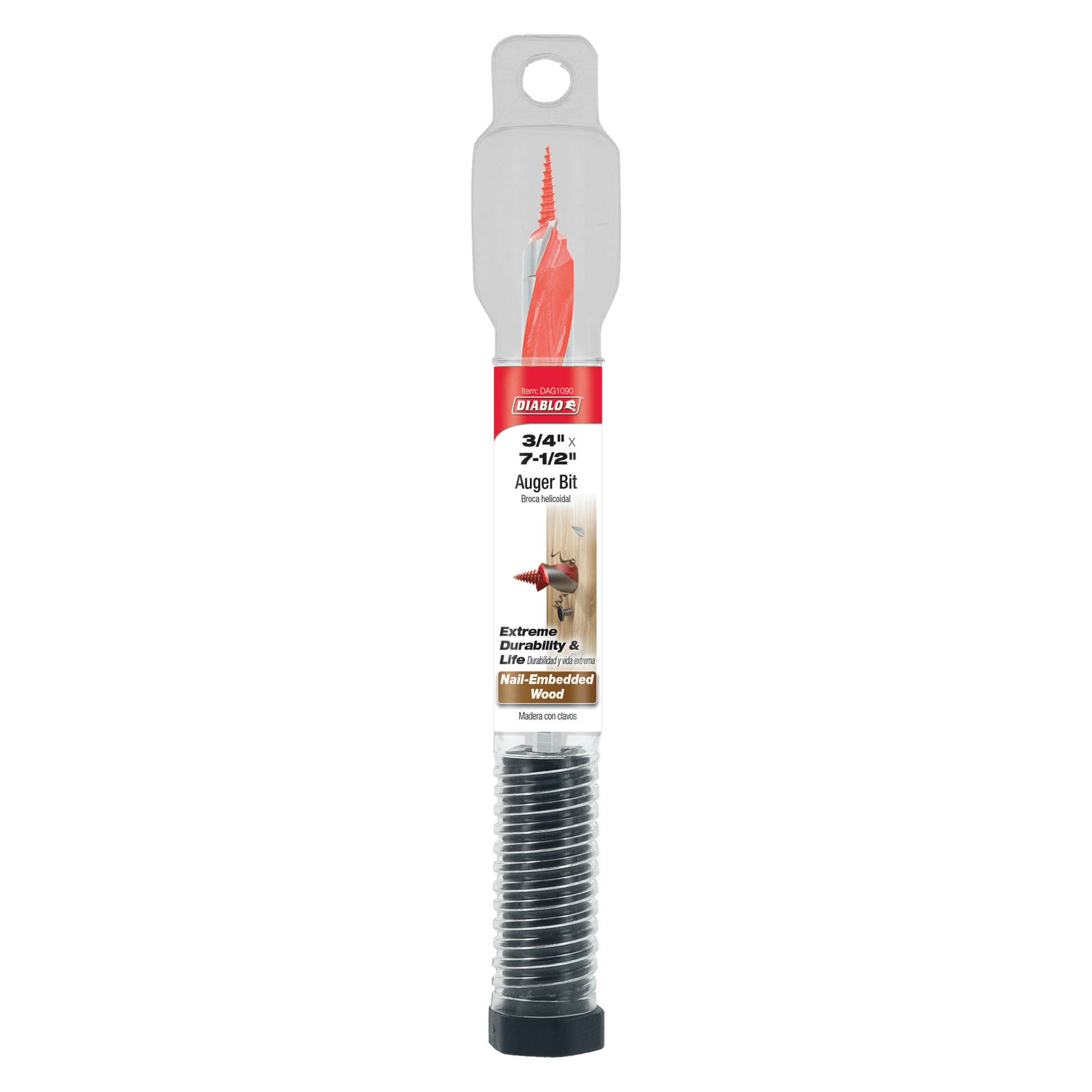 Diablo 3/4" x 7-1/2" auger bit with red cutting head and spiral fluted shank in packaging.