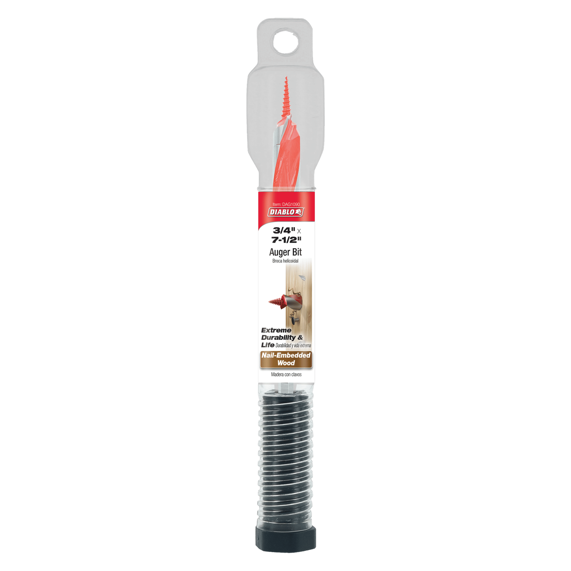 Diablo 3/4" x 7-1/2" auger bit with red cutting head and spiral fluted shank in packaging.