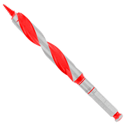 Red and silver spiral auger bit with fluted design and hex shank on white background.