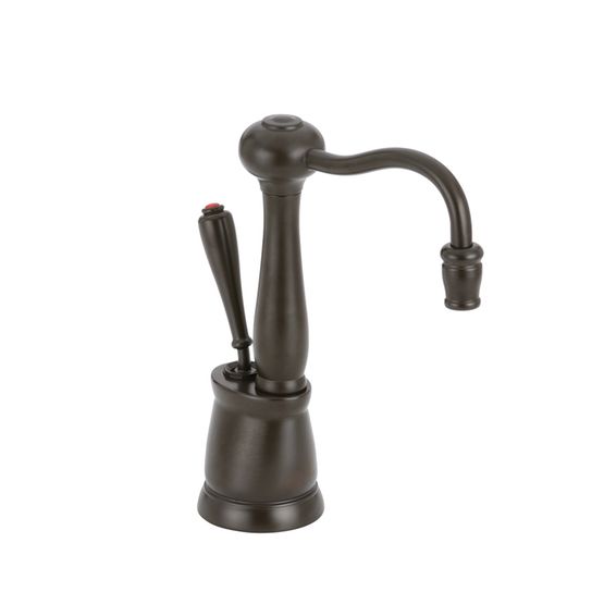 Oil rubbed bronze single-handle kitchen faucet with curved spout and lever handle on round base.