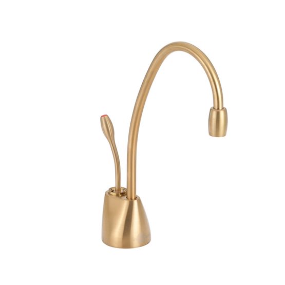 Brushed bronze instant hot water dispenser faucet with curved spout and lever handle on cylindrical base.