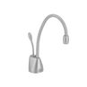 InSinkErator Indulge hot water dispenser faucet in brushed chrome with curved spout and control handle.