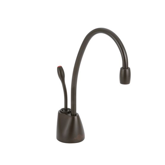 Oil rubbed bronze instant hot water dispenser faucet with curved spout and single lever handle.