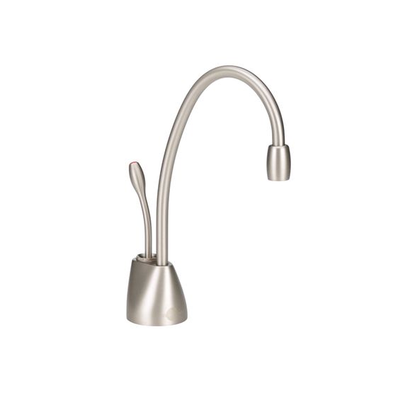 Satin nickel instant hot water dispenser faucet with curved spout and single lever handle.