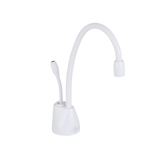 White instant hot water dispenser faucet with curved spout and control handle on base.