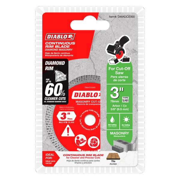 Three-inch diamond continuous rim cut-off disc with 5/8-inch arbor for masonry cutting, displayed on retail packaging.