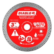 3-inch Diablo diamond continuous rim masonry cut-off disc with red label and gray segmented cutting edge.