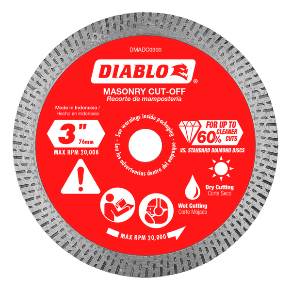 3-inch Diablo diamond continuous rim masonry cut-off disc with red label and gray segmented cutting edge.