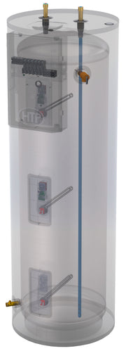 Tall cylindrical electric water heater tank with three heating elements, control panels, and brass connections visible throug