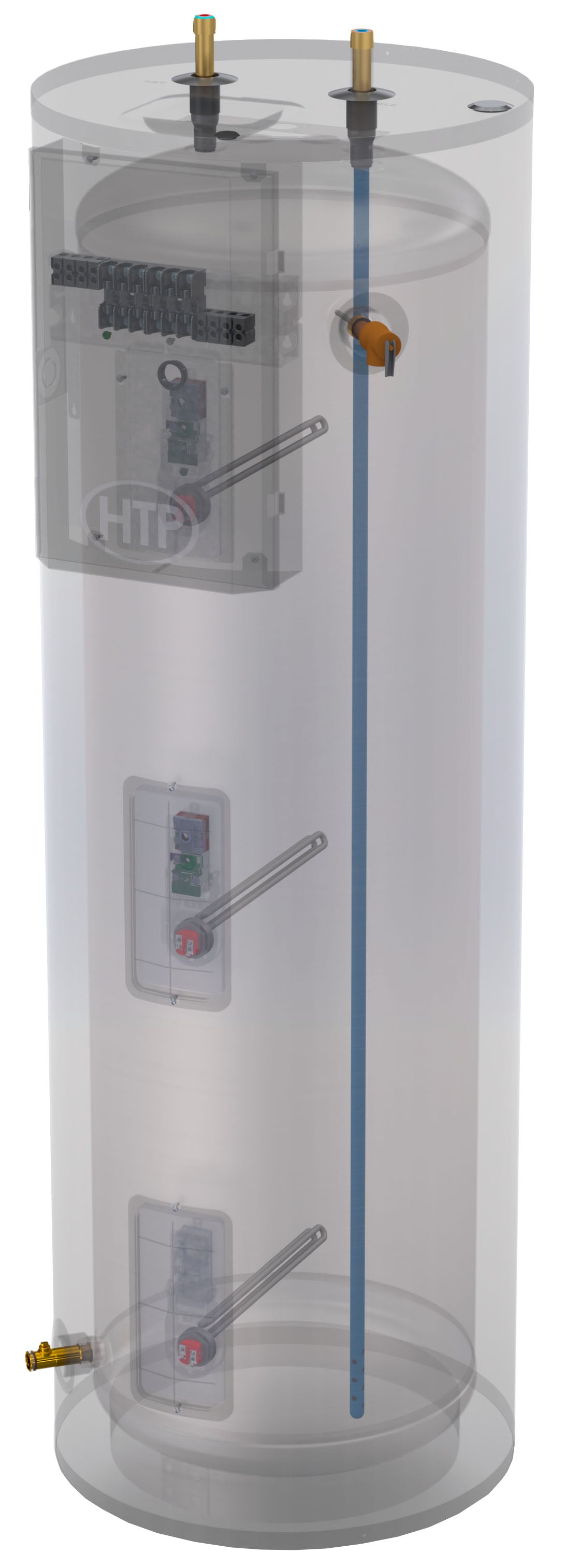 Tall cylindrical electric water heater tank with three heating elements, control panels, and brass connections visible throug