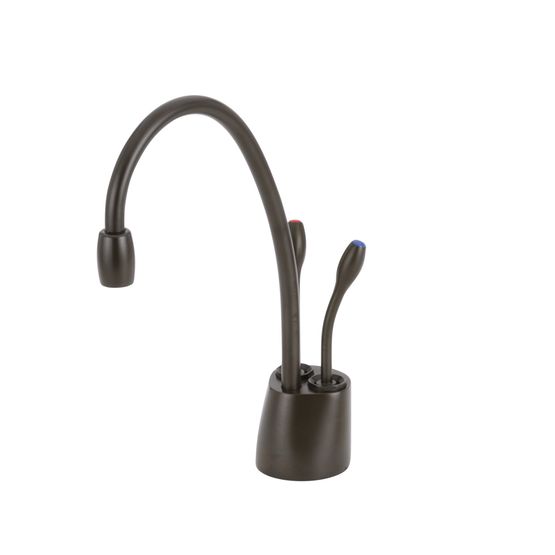 Oil rubbed bronze instant hot and cold water faucet with high curved spout and single lever handle.