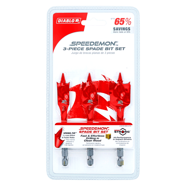 Three red Diablo Speedemon spade bits with hex shanks displayed in clear plastic packaging.