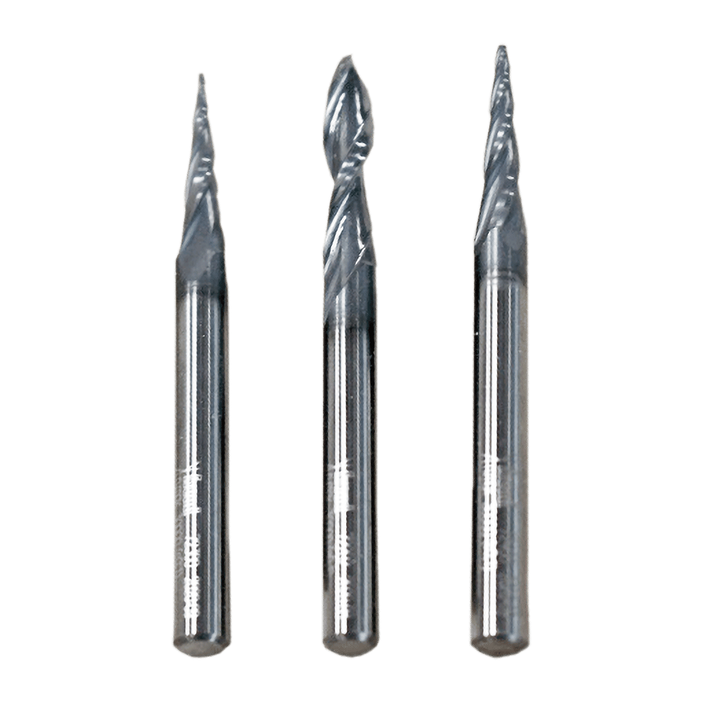 Three metal router bits with pointed and tapered cutting heads and cylindrical shanks.