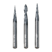 Three metal router bits with pointed and tapered cutting heads and cylindrical shanks.