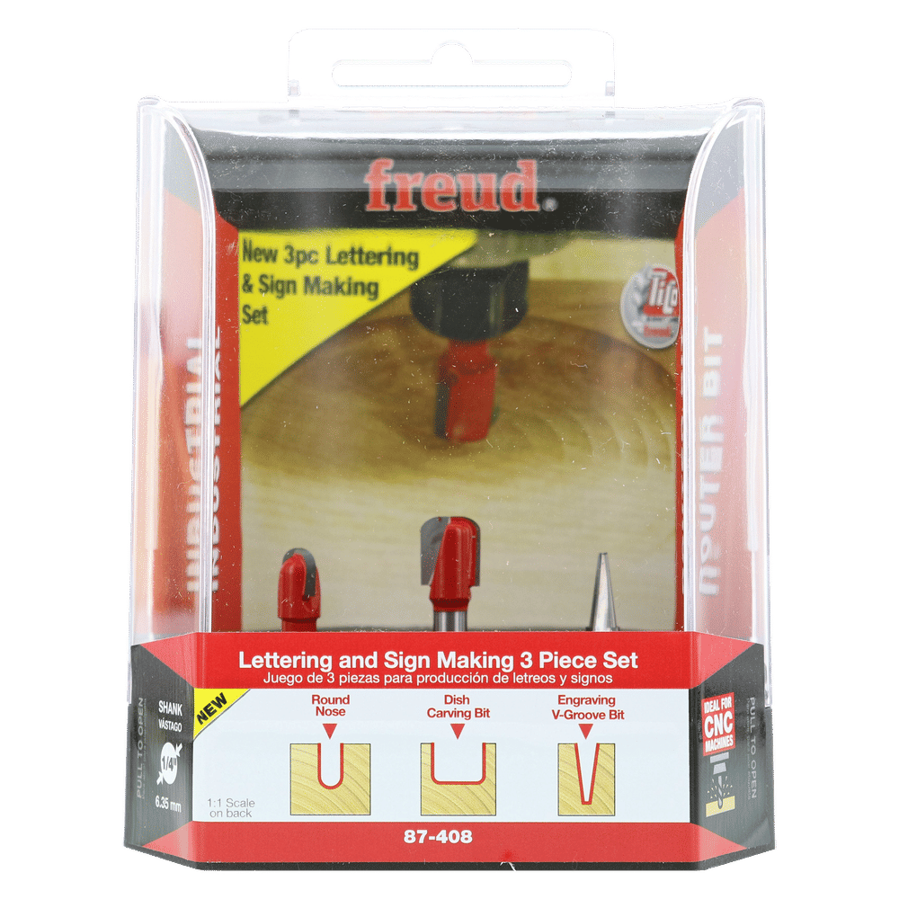 Three router bits in packaging: round nose bit, dish carving bit, and engraving groove bit for CNC lettering and sign making.
