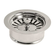 Polished nickel sink disposer trim ring with basket strainer and fan-shaped drain cover.