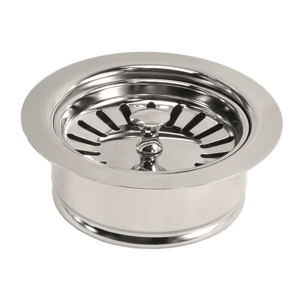 Polished nickel sink disposer trim ring with basket strainer and fan-shaped drain cover.