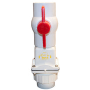White PVC ball valve with red handle and union connection fitting for 2-inch Schedule 40 piping.