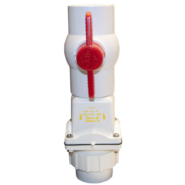 White PVC ball valve with red handle and union connection fitting for 2-inch Schedule 40 piping.