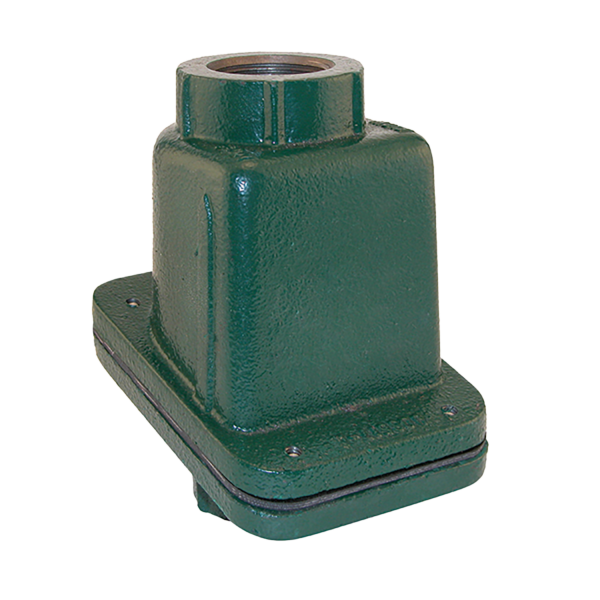 Green cast iron check valve with threaded female NPT connection on top and flat mounting base.