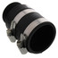 Black inline check valve with 1.5 inch connection ports and two metal clamps.