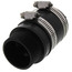 Black inline check valve with 1.5 inch clamp connections and metal bands.
