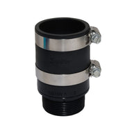 Black plastic inline check valve with stainless steel bands and two metal hose clamps on sides.