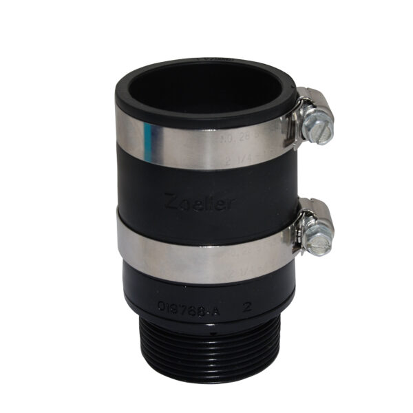 Black plastic inline check valve with stainless steel bands and two metal hose clamps on sides.