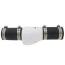 Black and white PVC check valve with 1.5 inch connectors and metal clamps on both ends.