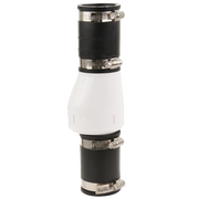 1.5 inch PVC check valve with white center body and black end sections, secured by four metal hose clamps.