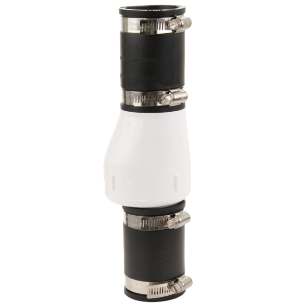 1.5 inch PVC check valve with white center body and black end sections, secured by four metal hose clamps.
