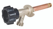 Brass wall hydrant with black knob handle, copper inlet tube, and threaded connection fitting.