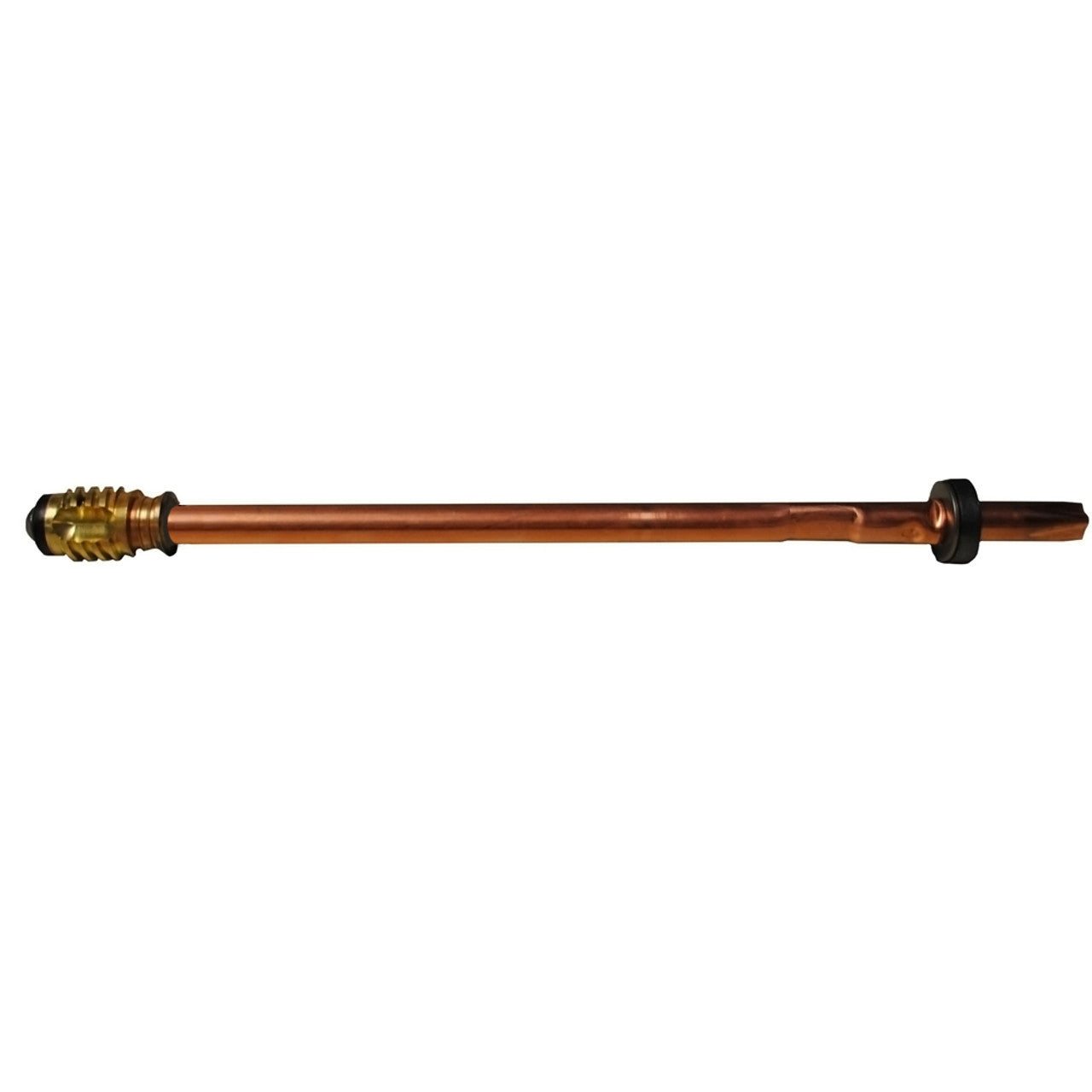 Copper stem assembly with brass threaded fitting on left end and black rubber washer on right end.