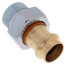 Di-electric union fitting with gray plastic and brass components, 3/4 inch connections.