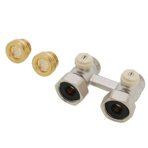 Brass straight two-pipe valve with 1/2" male connections and detachable brass caps shown separately.