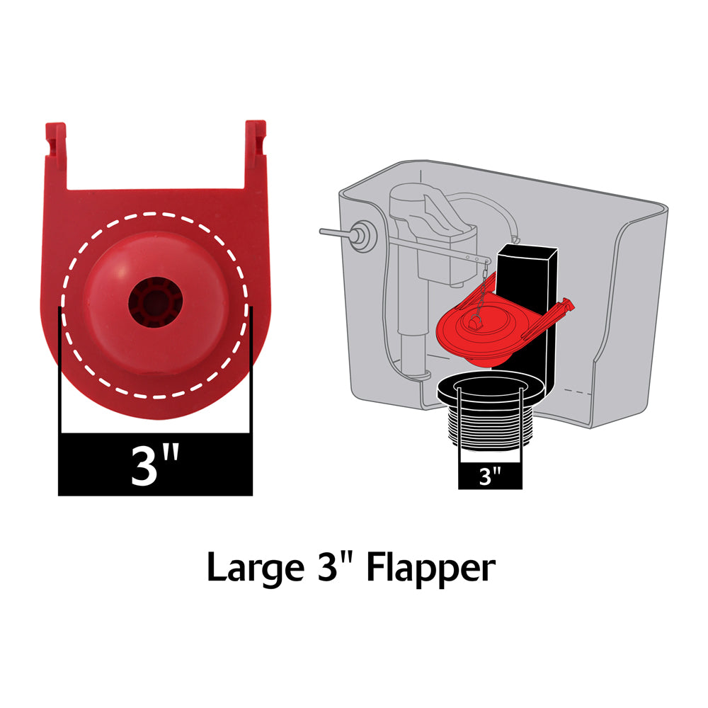 Red 3-inch toilet flapper with mounting tabs and center hole, shown standalone and installed in toilet tank.