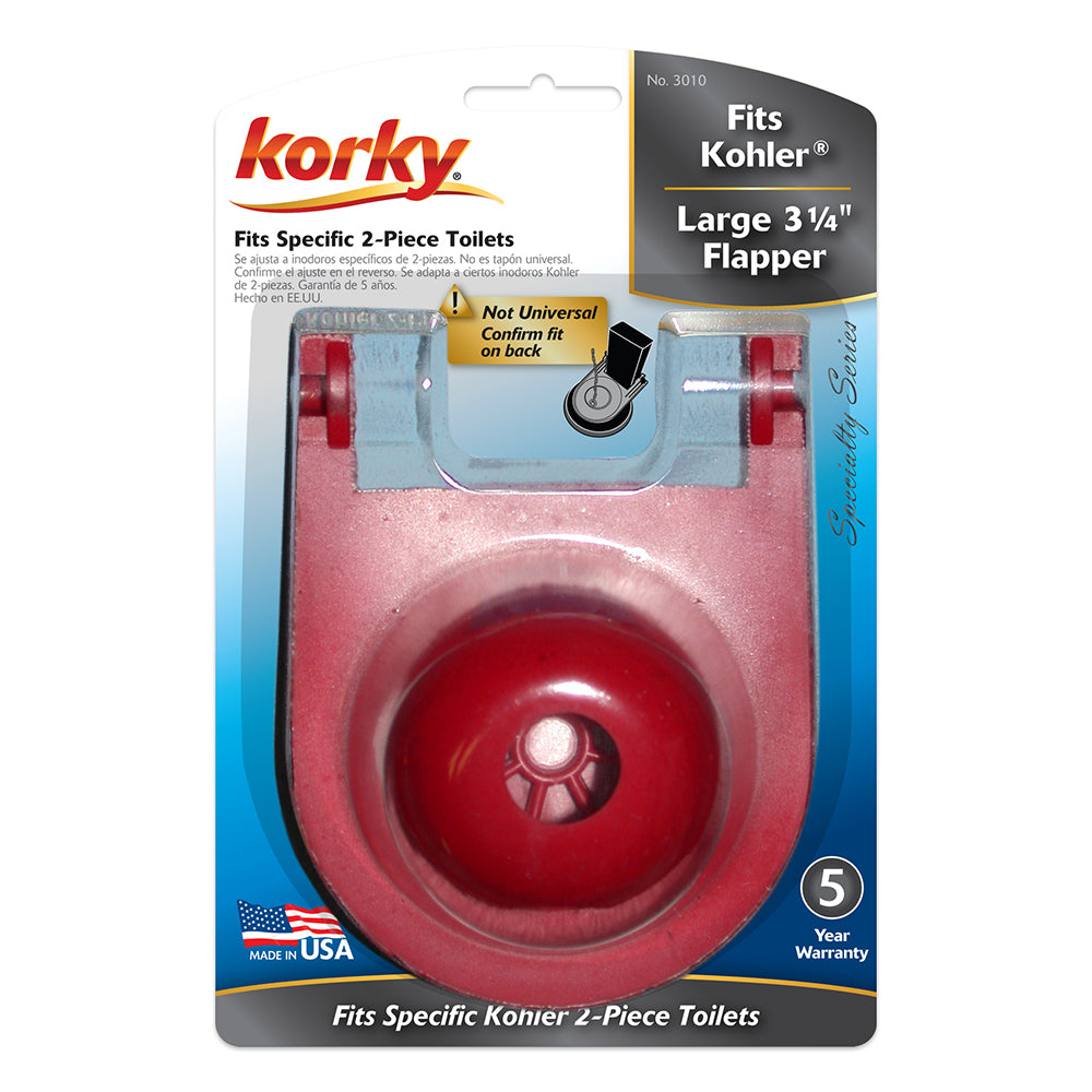 Red Korky toilet flapper with mounting hardware on clear plastic blister packaging labeled for Kohler toilets.