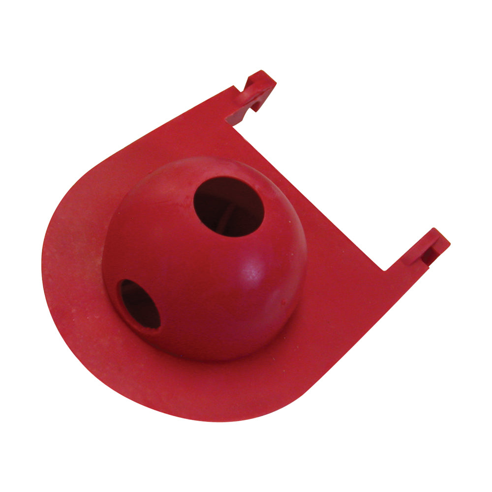 Red toilet flapper with spherical center, two mounting tabs, and two valve holes.