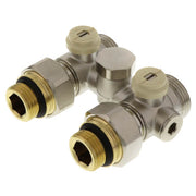 Brass and steel straight valve with two cream-colored adjustment knobs and male threaded connections on opposite ends.