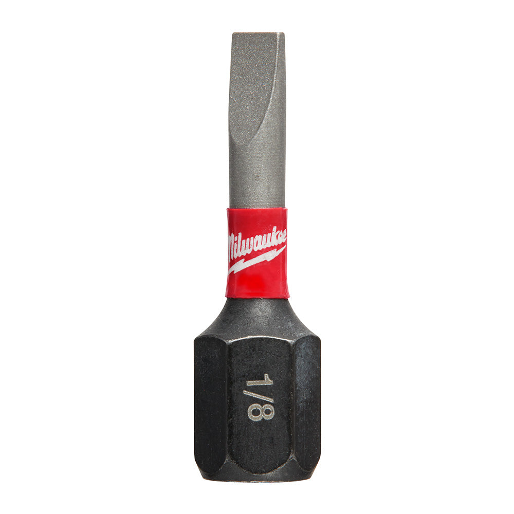Gray and black slotted impact driver bit with red Milwaukee band and 1/8 inch marking on hex socket.