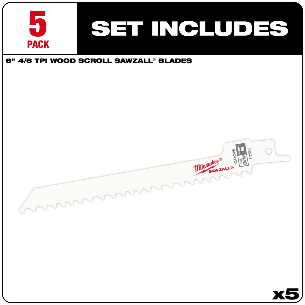 Five Milwaukee 6-inch SAWZALL reciprocating saw blades with 4/6 TPI teeth for wood cutting.