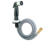 Kitchen faucet sprayer with gray braided hose and brass connector attachment.